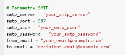 Fragment skryptu automatycznego testu w Pythonie, gdzie należy wkleić swoje dane