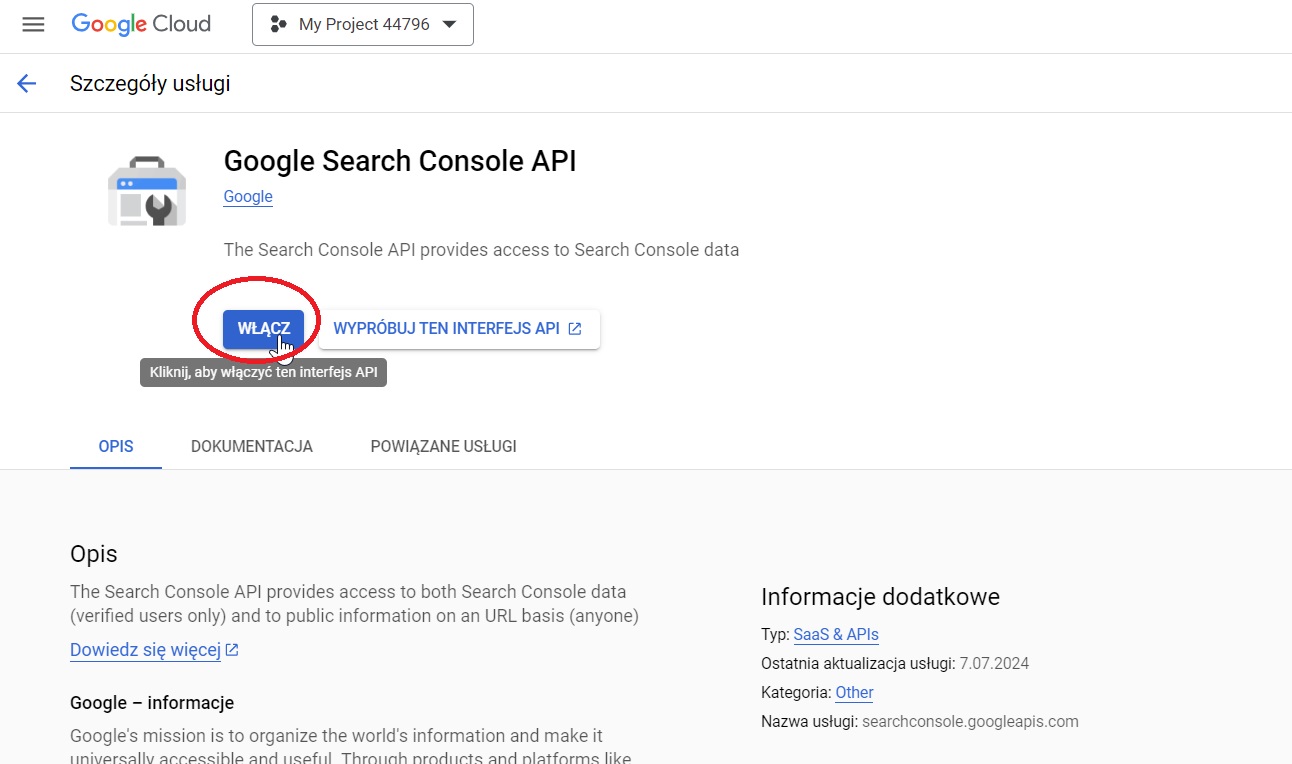 Włączanie GSC API w Google Cloud