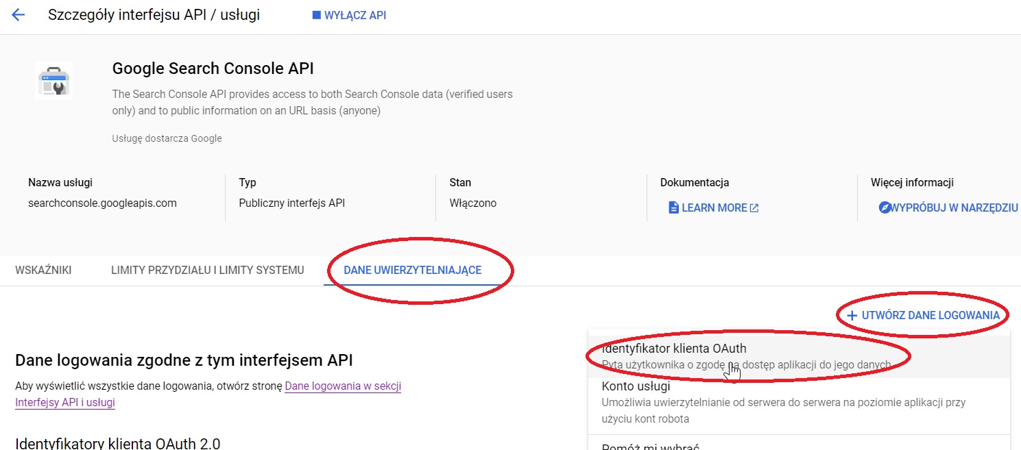 Włączanie GSC API w Google Cloud