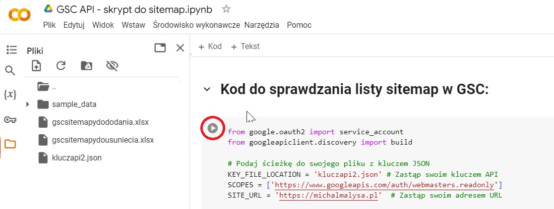 Sprawdzanie sitemap w GSC przez API