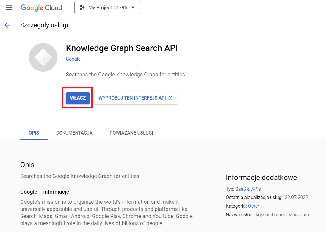 Włączanie Knowledge Graph API