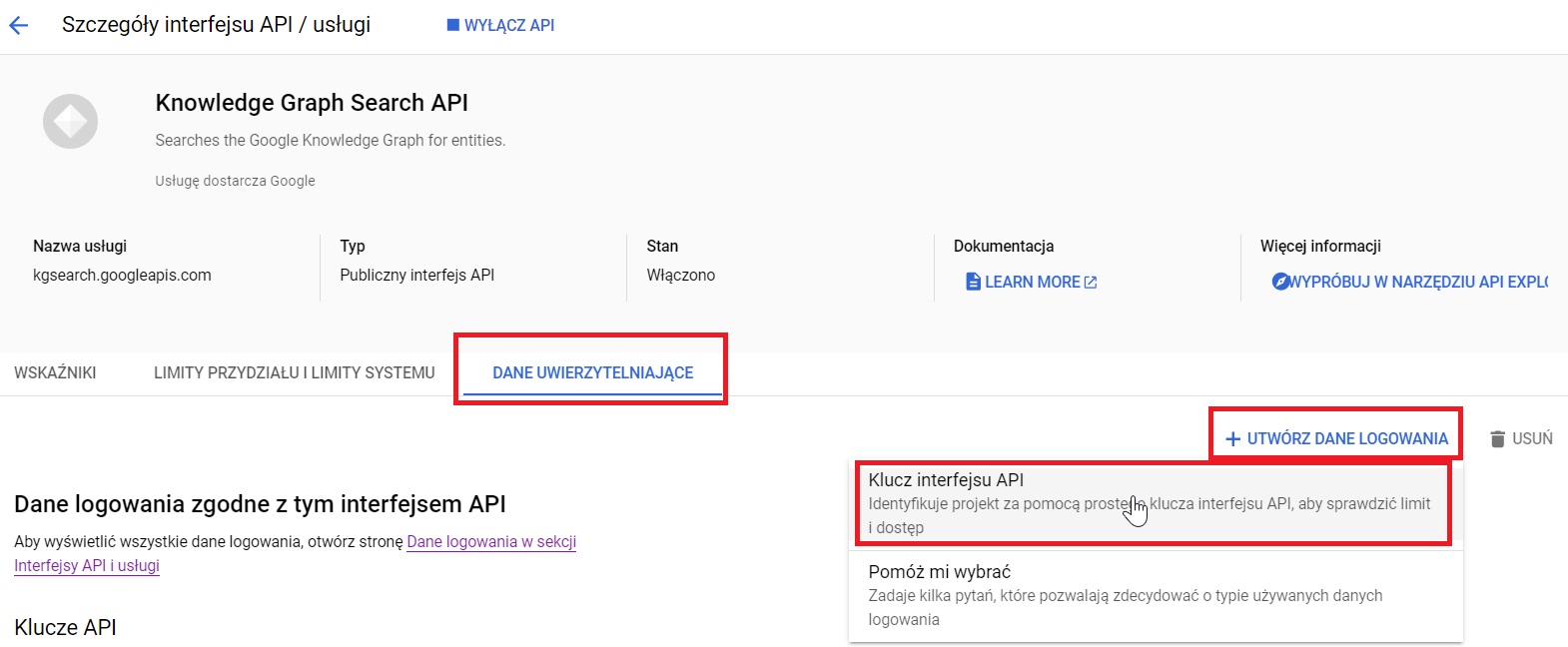 Włączanie Knowledge Graph API