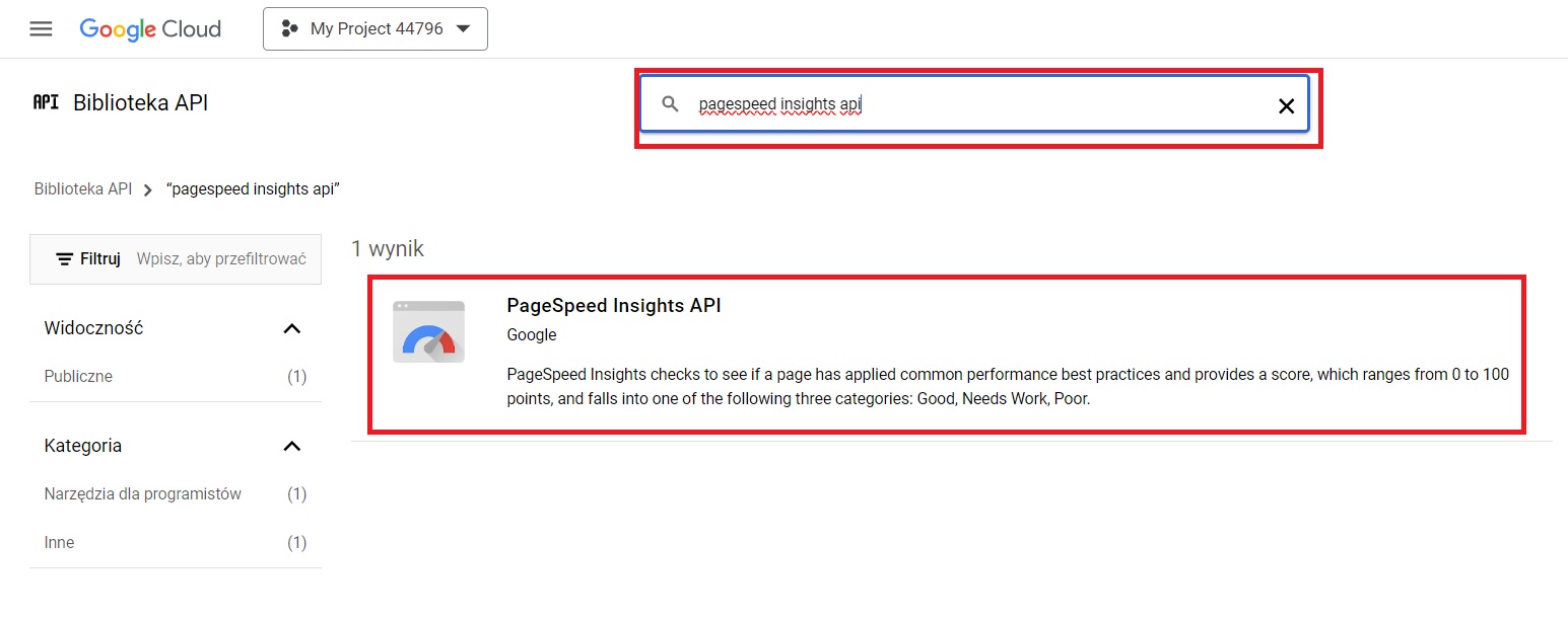 Włączanie PageSpeed Insights API