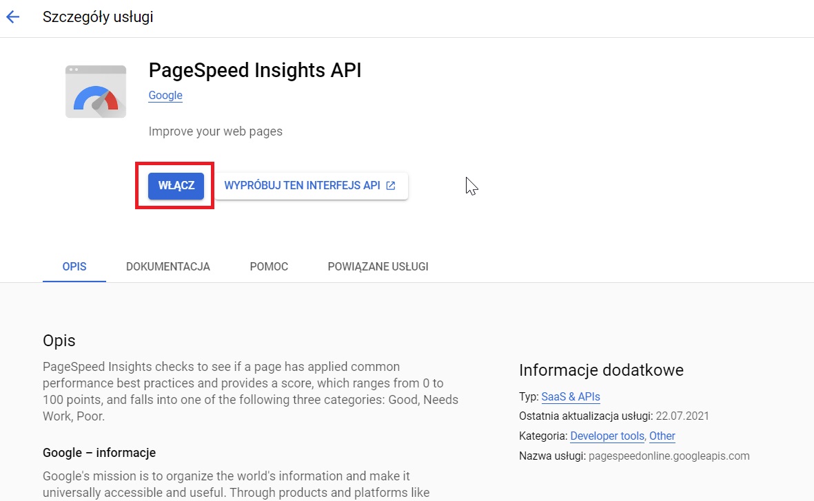 Włączanie PageSpeed Insights API