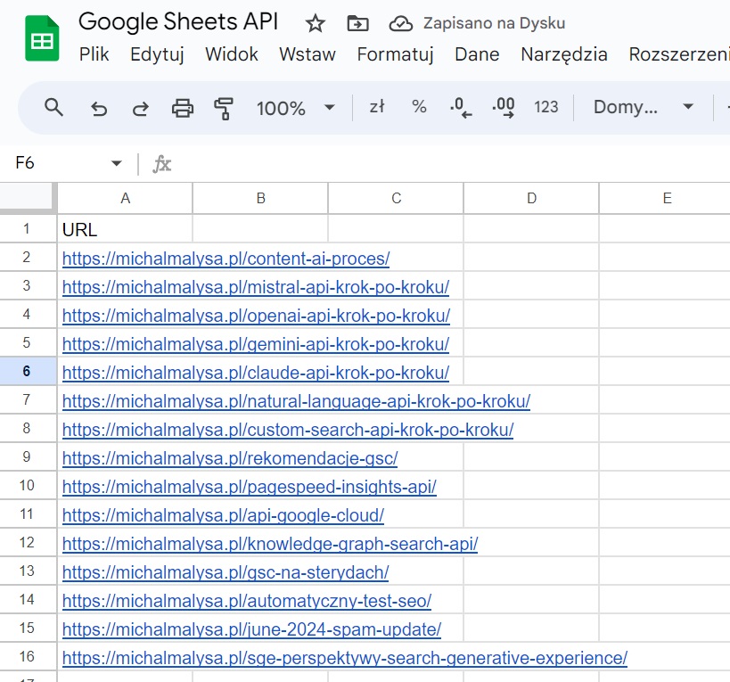 Google Sheets API - adresy URL przygotowane do scrapowania