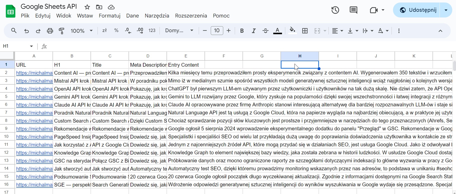 Google Sheets API - wyniki z prostego skryptu