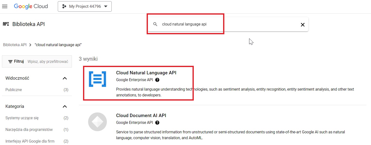 Uzyskiwanie dostępu do Natural Language API