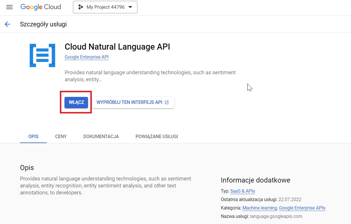 Uzyskiwanie dostępu do Natural Language API